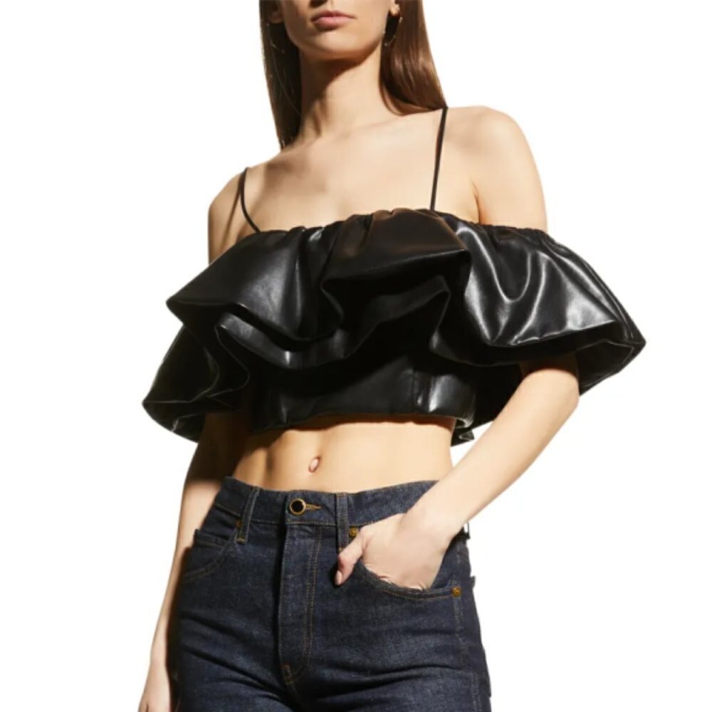 Alice + Olivia 'Nay' Vegan Leather Ruffled Crop Top, Black